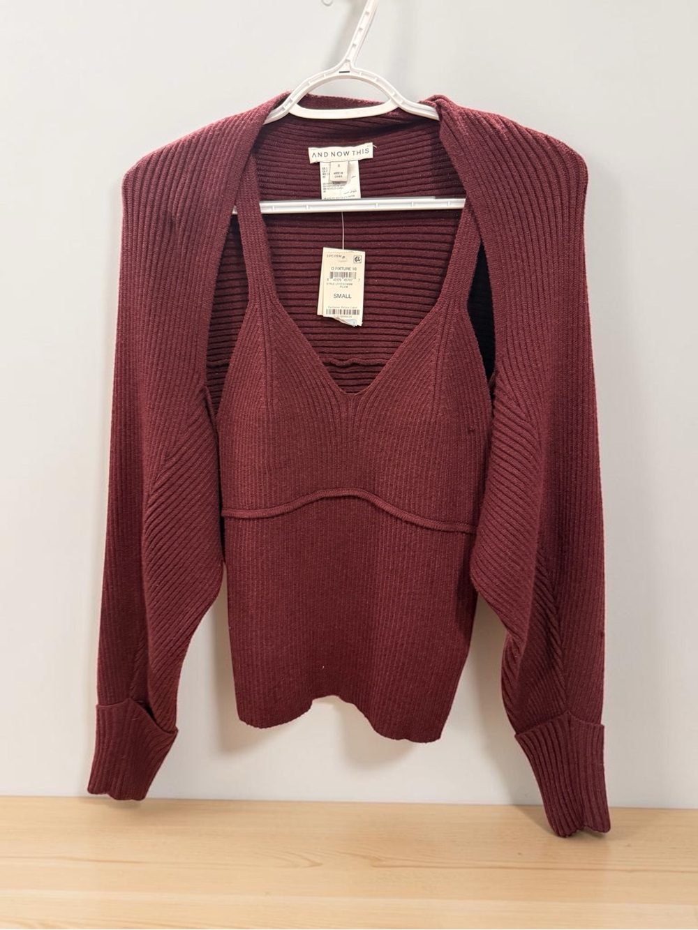 Ribbed V-Neck Cutout Sweater with Shrug Burgundy